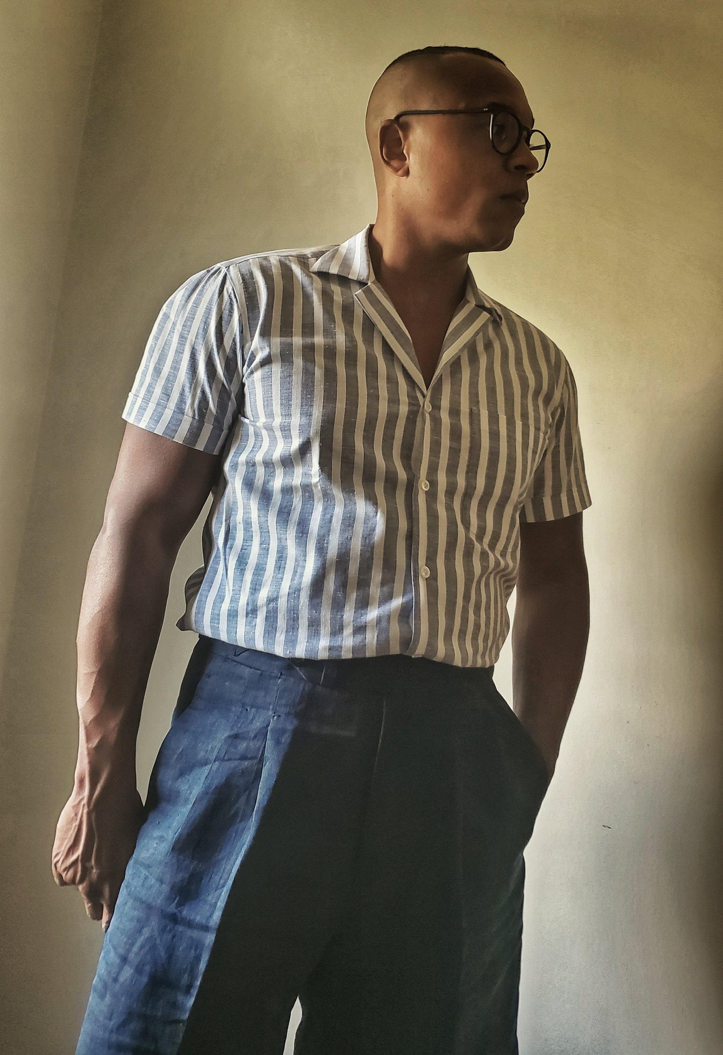 Blue Striped Capri Collar Shirt - X Of Pentacles