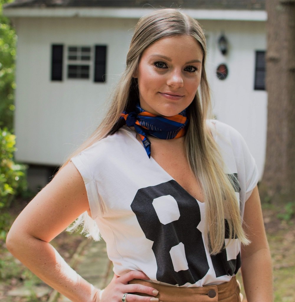Girl Wearing The Rotunda UVA Italian Silk Scarf - X Of Pentacles