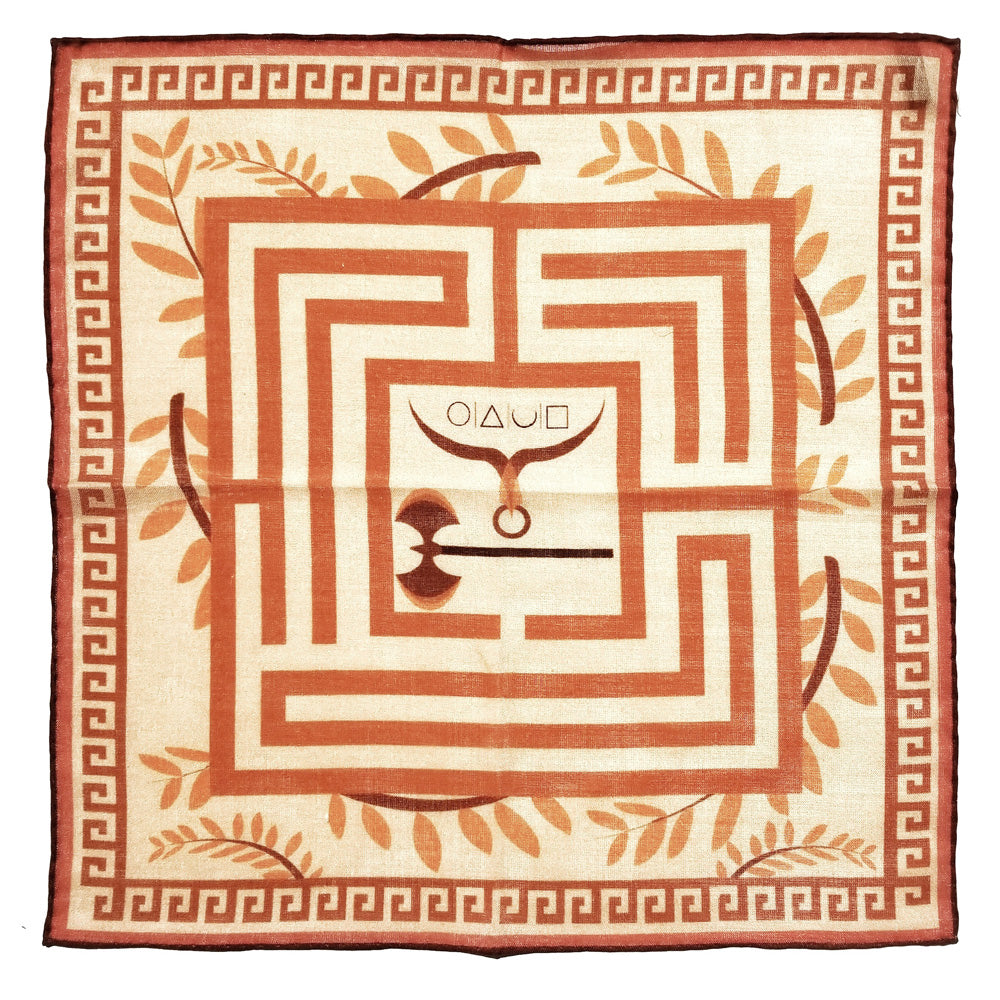 X Of Pentacles - Orange Minotaur Greek Key Print Pocket Square